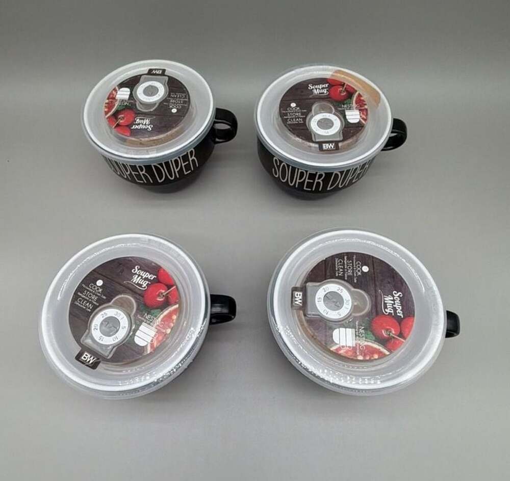 Boston Warehouse Souper Mug Set of 4 Black Soup Bowls with Vented Lids